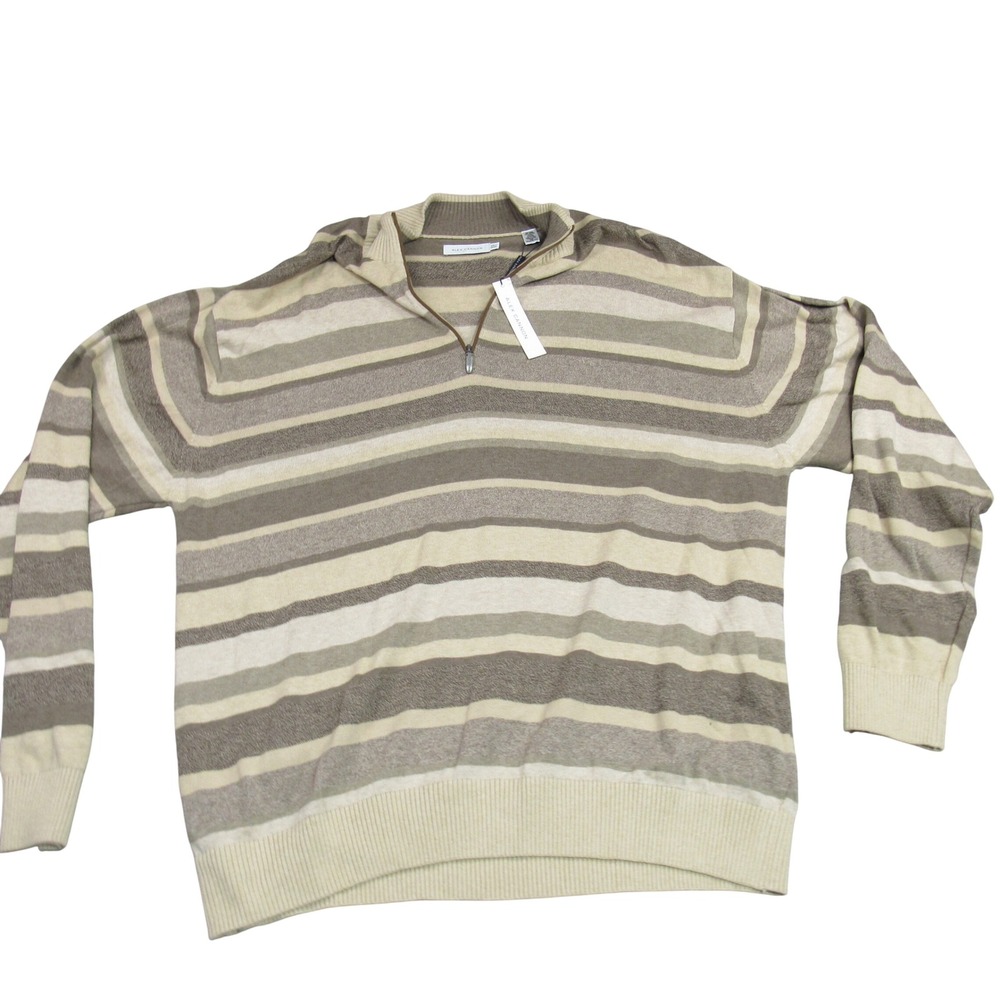Alex Cannon Mens XXL Striped Quarter Zip Sweater Tan Beige Brown 100% Cotton NEW
